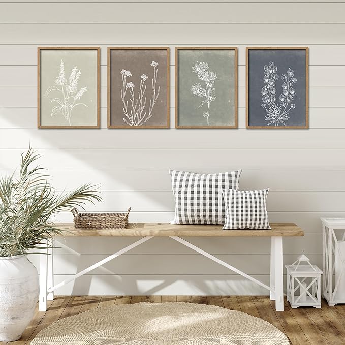 Heiple Framed Boho Wall Art Set of 4 Wooden Wall Art for Rustic Vintage Farmhouse Home Living Room Bedroom Bathroom Kitchen Wall Decor (Brown, 12"x16")