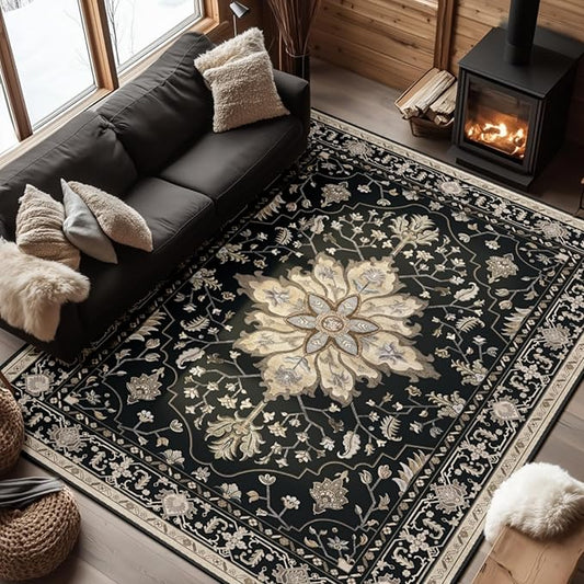 RELEANY Area Rugs 7'x9' Washable Non-Slip, Floral Vintage Distress Print Pattern Medallion Carpet for Living Room Bedroom Dining Room, Black Brown Neutral Dark Tan