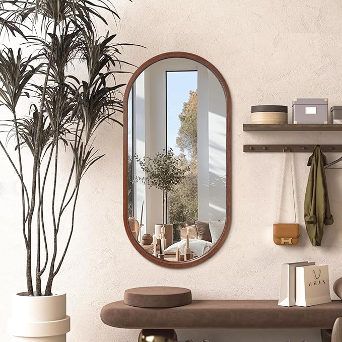 Niccy 48"×24" Wood Frame Oval Full Length Mirror, HD Long Wall-Mounted Mirrors, Large Body Hanging Mirrors for Living Room, Explosion-Proof Decorative Vanity Mirrors for Entryway, Bedroom, Walnut