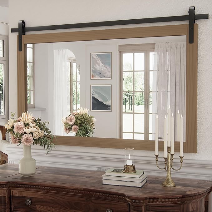 Large Brown Bathroom Mirror, Farmhouse Horizontal Rustic Square Mirror for Wall Wood Framed Vanity Mirrors, Barn Door Style Decor Living Room Entryway Bedroom Mirrors, 40x26INCH