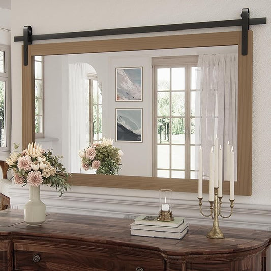 Large Brown Bathroom Mirror, Farmhouse Horizontal Rustic Square Mirror for Wall Wood Framed Vanity Mirrors, Barn Door Style Decor Living Room Entryway Bedroom Mirrors, 40x26INCH