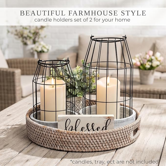 Rustic Farmhouse Lantern Decor Set of 2 - Stylish Decorative Lanterns for Your Living Room, Patio & Porch or Kitchen Dining Table - Modern Indoor/Outdoor Coffee Table Decor for Your Entire Home