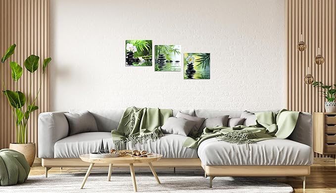 TutuBeer 3 Panels Zen Canvas Wall Art Spa Wall Art Spa Stones White Orchid Flower and Green Bamboo Pictures Prints on Canvas for Home Office Wall Decor Stretched and Framed Each Panel 12x12inch
