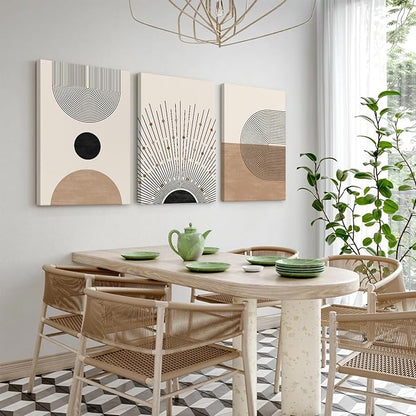 Mid Century Modern Wall Art Set of 3 Neutral Boho Art Prints Abstract Geometric Wall Art Picture Black Beige Terracotta Minimalist Painting Canvas Artwork for Living Room Bedroom 16x24 Inch Wrapped Canvas