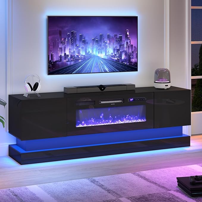 WelFurGeer 36" Electric Fireplace TV Stands with LED Lights, High-Gloss Modern Media Console Table for TV up to 75", Black Fireplace TV Stand with Storage, Entertainment Center for Living Room