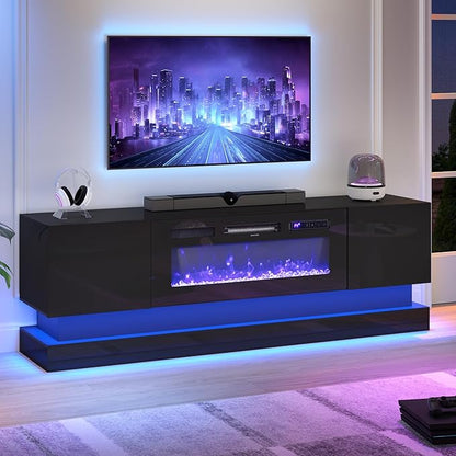 WelFurGeer 36" Electric Fireplace TV Stands with LED Lights, High-Gloss Modern Media Console Table for TV up to 75", Black Fireplace TV Stand with Storage, Entertainment Center for Living Room