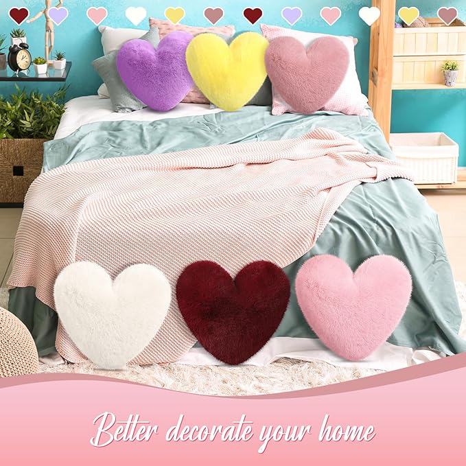 Liliful 6 Pcs Faux Rabbit Fur Heart Pillows Fluffy Heart Throw Pillows Cute Couch Cushion Soft Decorative Throw Cushion for Bed Sofa Girls Women(12 x 11 Inch,Bright Color)