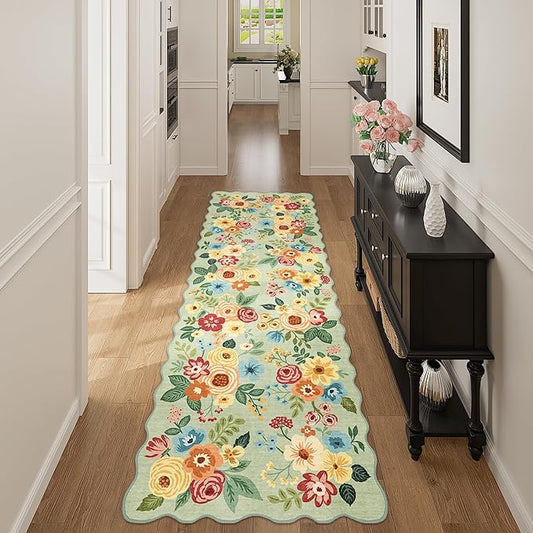 DUKINO 2x10 Runner Rug for Hallway, Washable Kitchen Rug with Non Slip Backing & Non-Shediing, Soft Low Pile Floral Design Runner for Bedroom, Kithchen, Living Room, Laundry, Bathroom, Green