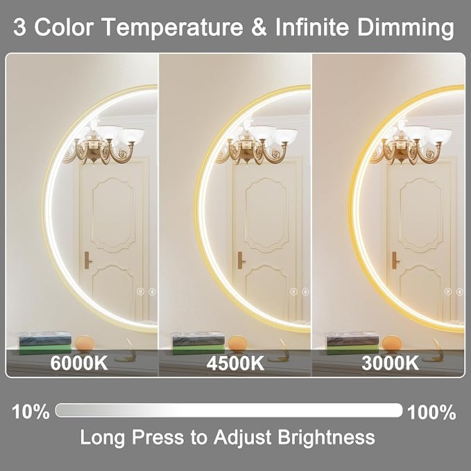 36 Inch Round LED Bathroom Mirror with Bluetooth, 3 Color Temperatures (3000K/4500K/6000K), Anti-Fog, Adjustable Brightness, CRI 90+, Gold Frame Round Mirror with Light