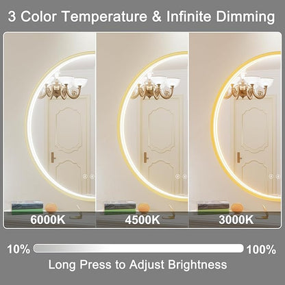 36 Inch Round LED Bathroom Mirror with Bluetooth, 3 Color Temperatures (3000K/4500K/6000K), Anti-Fog, Adjustable Brightness, CRI 90+, Gold Frame Round Mirror with Light