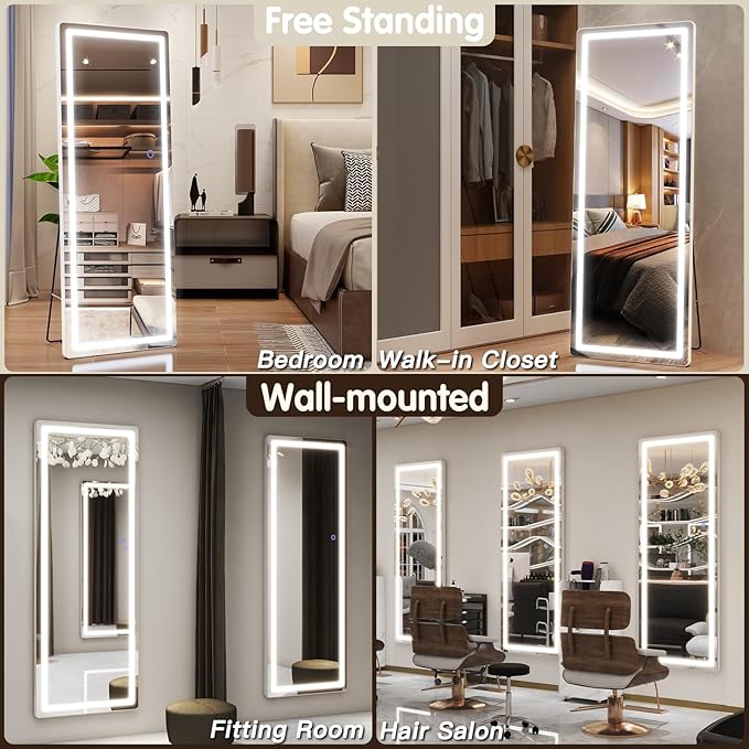 FENNIO Full Length Mirror with Lights, 57" x 17" LED Full Body Mirror, Free Standing Lighted Floor Mirror, Wall Mounted Hanging Mirror with Lights for Bedroom, Dimmable & 3 Color Lighting, White
