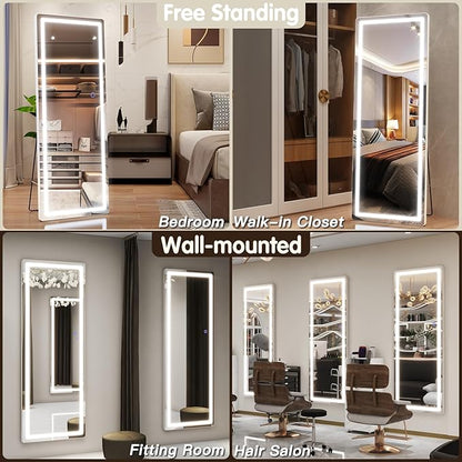 FENNIO Full Length Mirror with Lights, 57" x 17" LED Full Body Mirror, Free Standing Lighted Floor Mirror, Wall Mounted Hanging Mirror with Lights for Bedroom, Dimmable & 3 Color Lighting, White