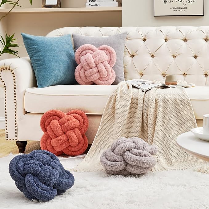 Knot Pillow, 12" Soft Decorative Throw Pillows for Couch Bed, Gray Pink Knotted Plush Throw Pillow Handmade Square Cushion Home Decor Pillows (Grey, 12 Inches X12 Inches)