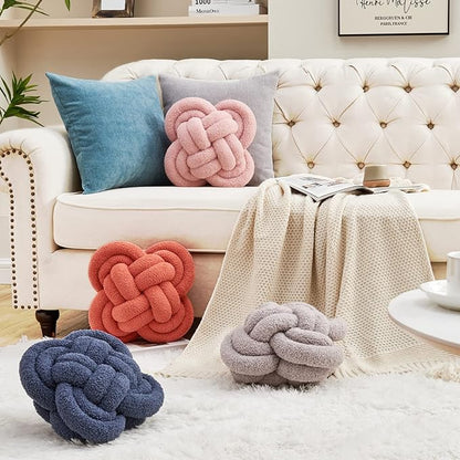 Knot Pillow, 12" Soft Decorative Throw Pillows for Couch Bed, Gray Pink Knotted Plush Throw Pillow Handmade Square Cushion Home Decor Pillows (Grey, 12 Inches X12 Inches)
