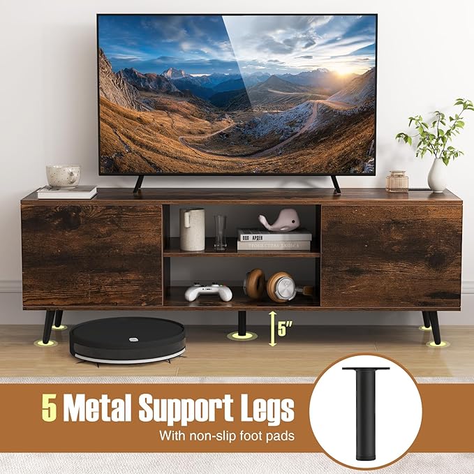 Tangkula TV Stand for 60" TVs, Entertain Center w/Power Outlets, Mid Century Modern Media Console Table w/Adjustable Shelf, 2 Cabinets & Metal Support Legs for Living Room Bedroom (Rustic Brown)