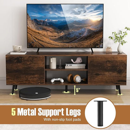 Tangkula TV Stand for 60" TVs, Entertain Center w/Power Outlets, Mid Century Modern Media Console Table w/Adjustable Shelf, 2 Cabinets & Metal Support Legs for Living Room Bedroom (Rustic Brown)