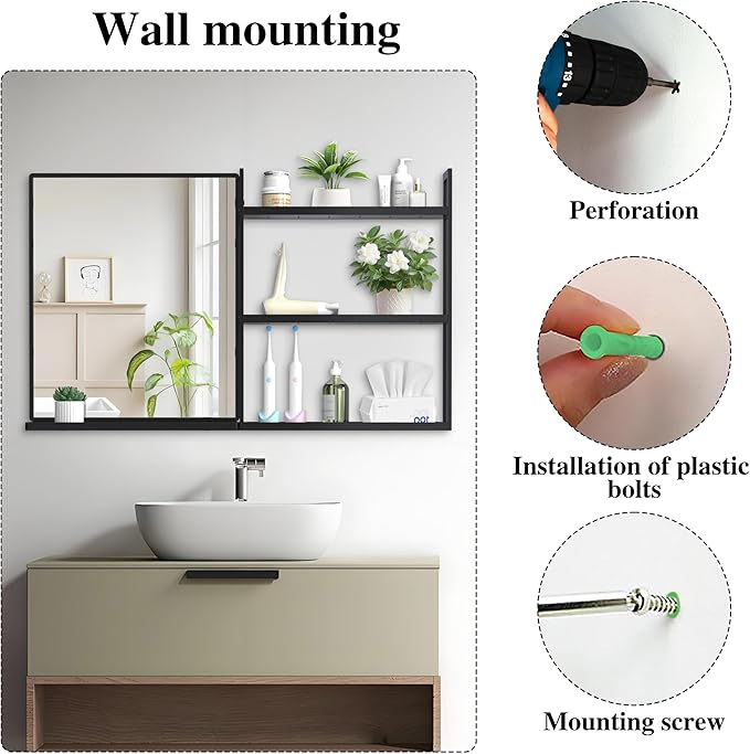Black Metal Framed Bathroom Mirror with Shelf, 40" X 24.4" Rectangular Wall Mounted Bathroom Vanity Mirror, Modern Bathroom Mirror with Storage for Over Sink, Entryway