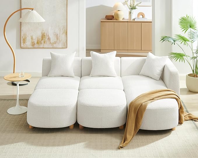 VANOMi 109.84" Modular Sectional Sofa with 3 Pillows, Convertible 5-Seater Comfy Boucle Cloud Couch with Ottoman, Modern Sectional Sofas for Living Room, Office, Apartment (White)