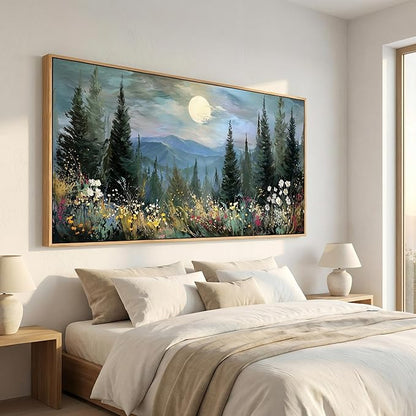 BQVCT Mountain Landscape Wall Art with Pine Trees and Wildflowers 24x48 Inch Full Moon Nature Scene Canvas Print with Wood Frame Forest Cabin Decor for Living Room Bedroom Office