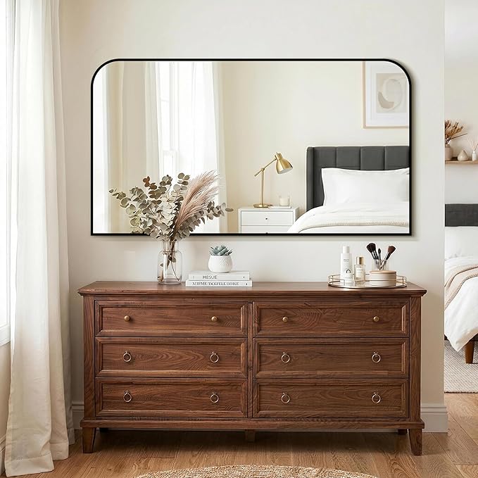 Bathroom Vanity Mirror for Wall, 55" x 30" Black Metal Framed Bathroom Mirror for Over Sink, Living Room, Bedroom, Entryway, Mantel, Fireplace Decor