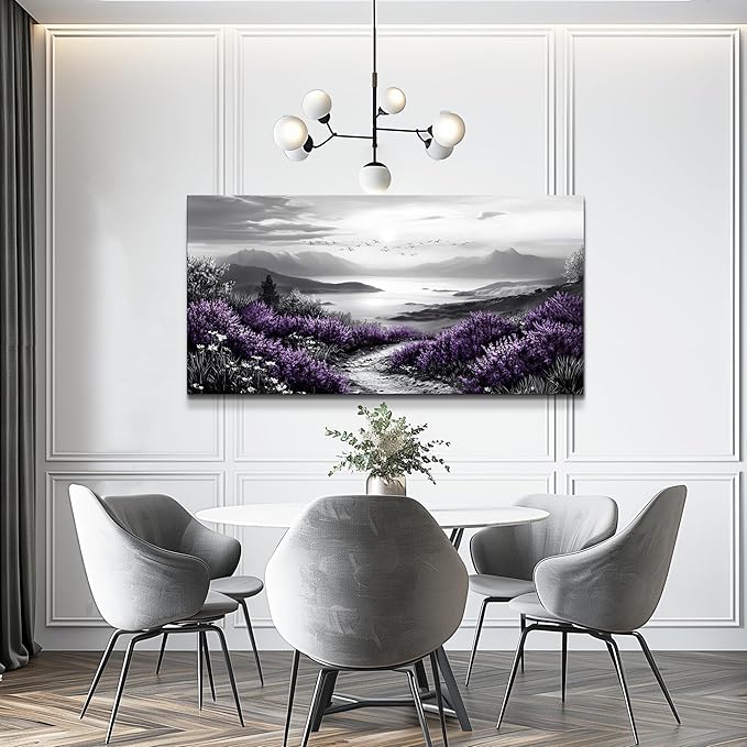 KELIYUAN Black And White Home Decoration Canvas Wall Art For Restaurant Natural Landscape Painting Printing Landscape Purple Grass Picture Suitable For Living Room Bedroom Office Wall Decor 20x40In