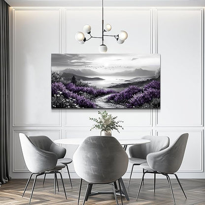 KELIYUAN Black And White Home Decoration Canvas Wall Art For Restaurant Natural Landscape Painting Printing Landscape Purple Grass Picture Suitable For Living Room Bedroom Office Wall Decor 20x40In