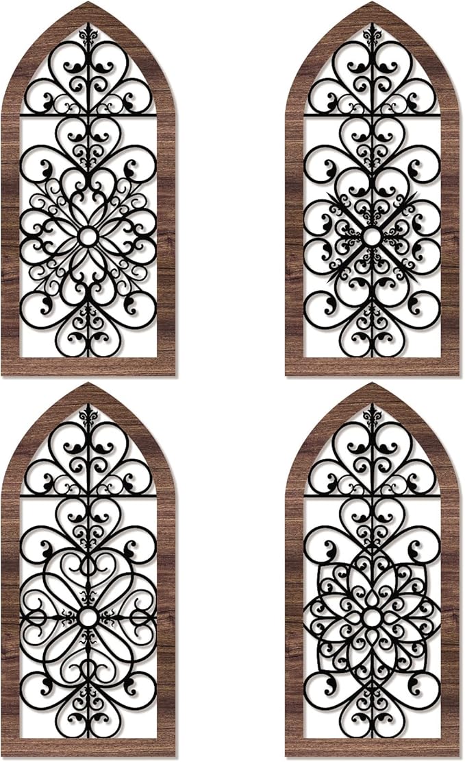 4 Pieces Thicken Rustic Wood Wall Decor Arch Modern Farmhouse Wall Art Decor Wooden Hollow Carved Design Rustic Home Art for Living Room Bedroom Office Kitchen (Classic Style)