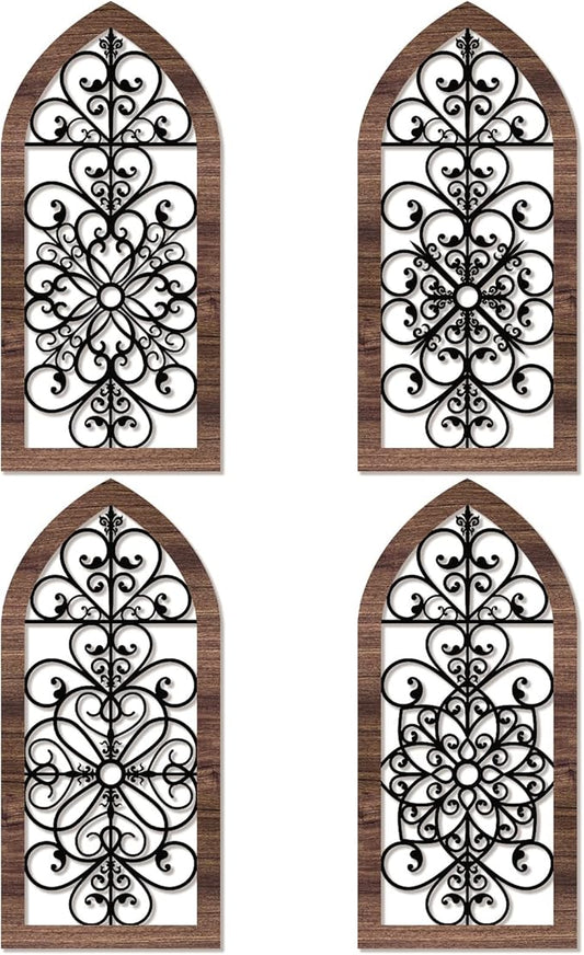 4 Pieces Thicken Rustic Wood Wall Decor Arch Modern Farmhouse Wall Art Decor Wooden Hollow Carved Design Rustic Home Art for Living Room Bedroom Office Kitchen (Classic Style)