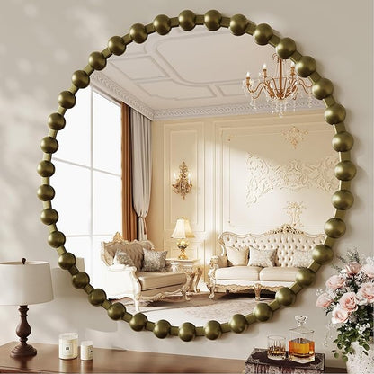 Round Mirror for Wall, 36 Inch Bronze Round Vanity Mirror with Beaded Frame, Modern Decorative Wall Mirror for Bathroom, Entryway, Bedroom, Living Room, Shatter-Proof Tempered Glass, Bronze