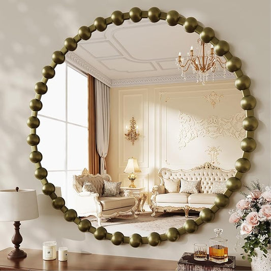 Round Mirror for Wall, 36 Inch Bronze Round Vanity Mirror with Beaded Frame, Modern Decorative Wall Mirror for Bathroom, Entryway, Bedroom, Living Room, Shatter-Proof Tempered Glass, Bronze