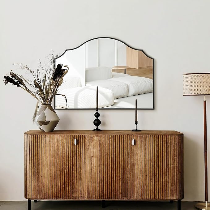 Besdomus Scalloped Arched Mirror for Mantel: 35"x26" Black Modern Wooden Wall Mirror - Minimalist Decorative Dresser for Vanity/Bathroom/Bedroom/Fireplace/Living Room/Entryway - Stylish Home Decor