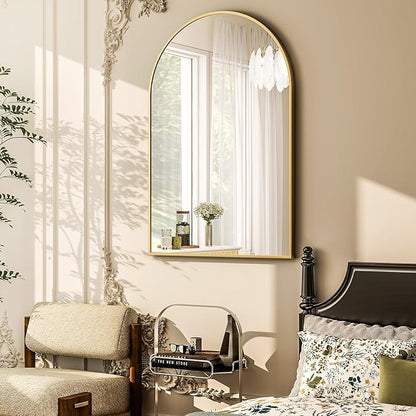 GLSLAND 20x30 inch Arch Bathroom Mirror - Arched Bathroom Mirror/Wall Mounted Vanity Mirror - Arch Metal Frame Wall Mirror for Bathroom Bedroom Living Room, Gold
