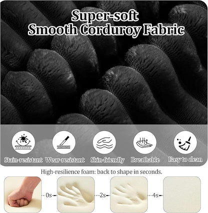 104'' L-Shaped Cloud Modular Sectional Sofa, Modern Corduroy Memory Foam Couch with Cup Holders, Upholstered Boneless Deep Seat Fluffy 3-Seater Sofa with Ottoman, No Assembly Needed, Black