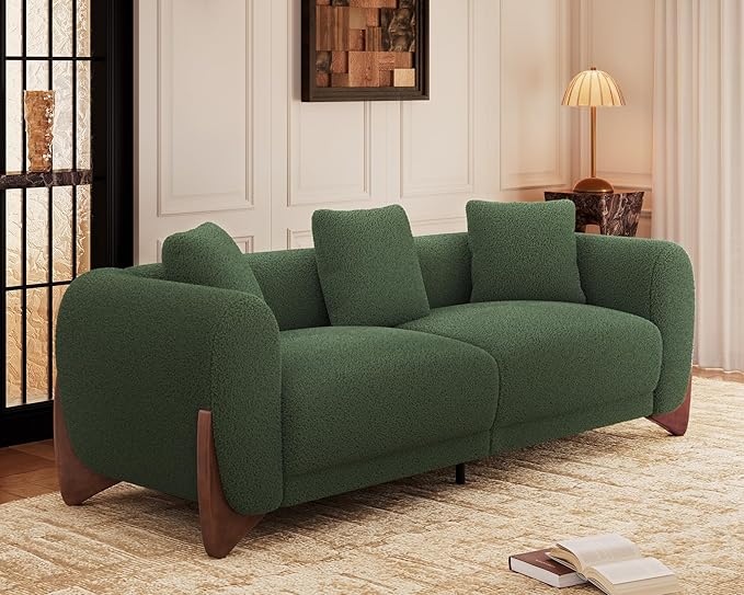 Morden Fort 2 Piece Cloud Couch Set, Modern Sherpa Boucle Sofa Set with Wood Legs, Skin-Friendly Minimalist Upholstered Comfy Couch Sofas for Living Room, 3-Seater Sofa & Tilt Back Chair, Green