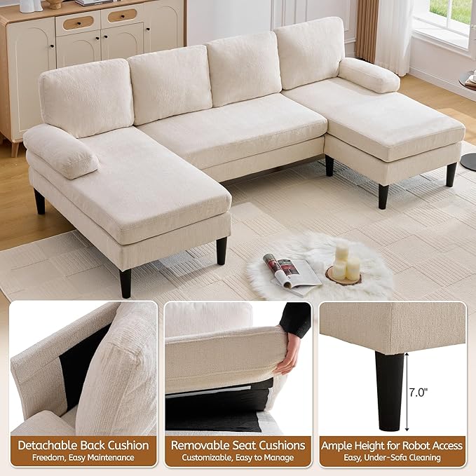 Korser U Shaped Sectional Couches for Living Room, 101" Modern Chenille Fabric Sofa with Double Chaise Lounge, 4-Seat Couch with Removable Pillows for Apartment/Small Space, Beige