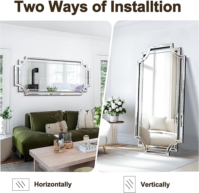 Chende Large Full Length Mirror for Wall, 59"x30" Large Decorative Mirror with Beveled Scalloped Corner, Modern Elegant Home Decor for Bedroom Living Room Bathroom Dressing Room Entryway Hallway