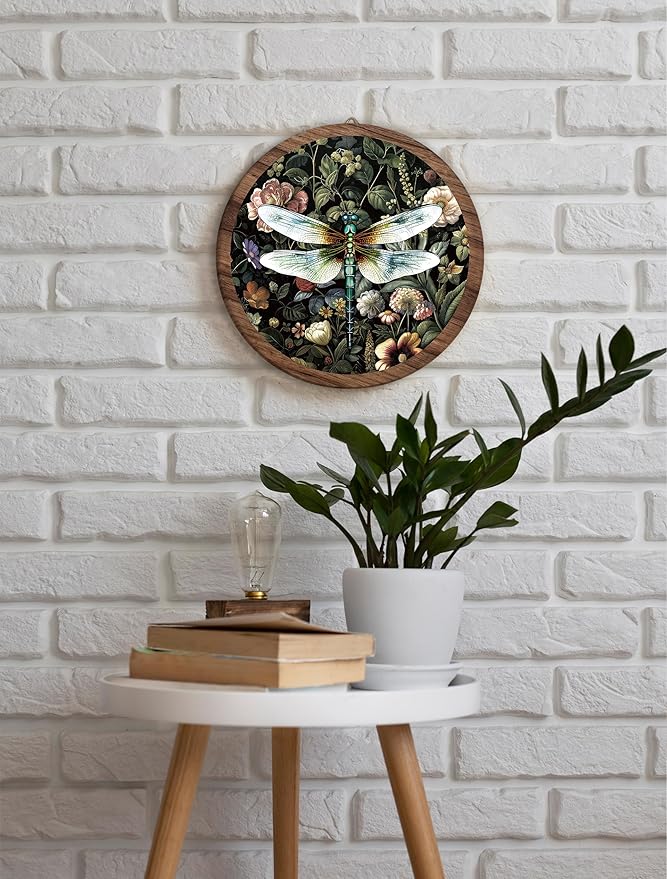 Xeqej Dragonfly Flower Boho Hanging Wall Decor, Vintage Dragonflies Round Wooden Wall Art, Farmhouse Insect Western Boho Decorations for Apartment Home Living Room Bedroom Bathroom Kitchen Office, 03