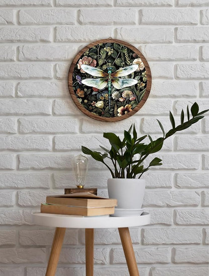 Xeqej Dragonfly Flower Boho Hanging Wall Decor, Vintage Dragonflies Round Wooden Wall Art, Farmhouse Insect Western Boho Decorations for Apartment Home Living Room Bedroom Bathroom Kitchen Office, 03