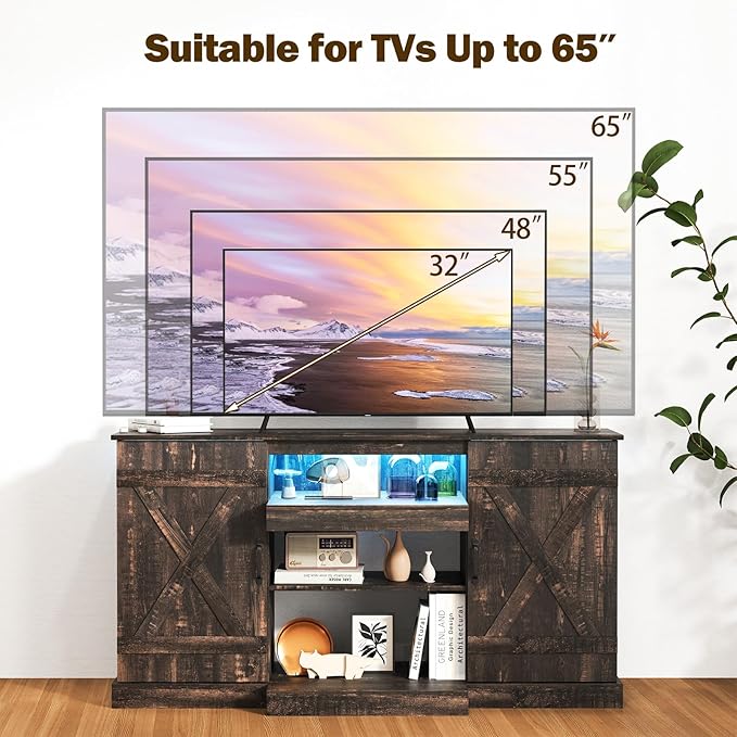 Tangkula 58”L Farmhouse LED TV Stand for TV up to 65 Inch, 32”H Tall Entertainment Center with 20 Color Led Lights, Media Console Table with Cubbies & Cabinets, Large Storage Cabinet for Living Room