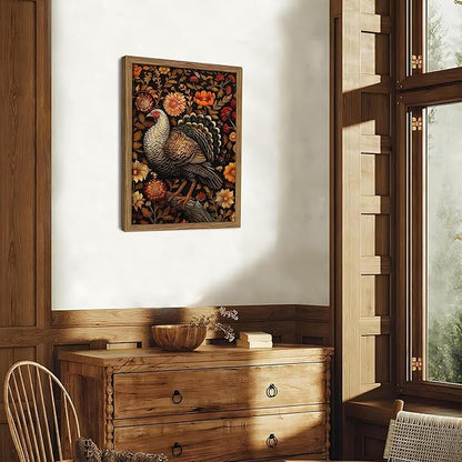 Framed Vintage Turkey 3D Textures Wall Art – Fall Floral Thanksgiving Wall Decor, Rustic Autumn Harvest Bird Artwork Painting for Living Room Kitchen Dining Room – 12x16in