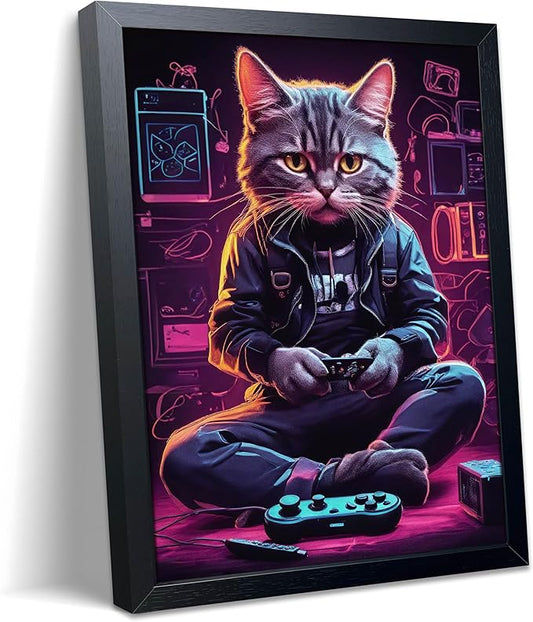 Framed Gamer Cat Canvas Wall Art, Kitten Playing Video Game Wall Decor, Cool Controller Neon Oil Painting, Boys Bedroom Gaming Room Canvas Print Poster 8x10 Inch