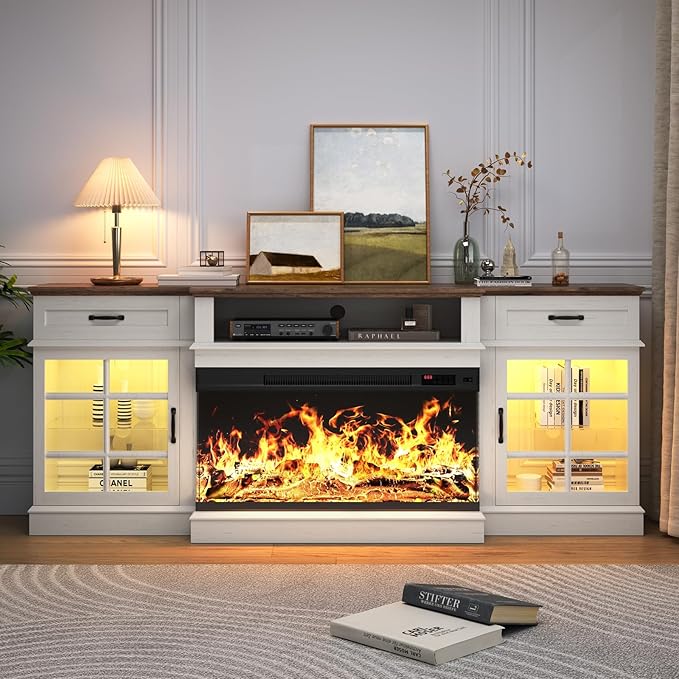 80" TV Stand with 36" Electric Fireplace, Entertainment Center Console Table for TV up to 90'', Fireplace TV Stand with Open Storage Shelves and Glass Door for Living Room, White