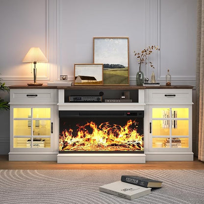 80" TV Stand with 36" Electric Fireplace, Entertainment Center Console Table for TV up to 90'', Fireplace TV Stand with Open Storage Shelves and Glass Door for Living Room, White