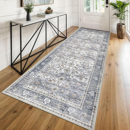 KUTA Vintage Wide Runners for Hallways 3x8 ft Washable Kitchen Runner Non Slip Rubber Backed Grey Blue Hall Runners Entryway Runner Rugs Floor Carpet for Indoor Backdoor Bedroom Kitchen