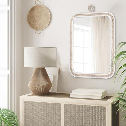 Nautical Rope Mirror Rectangle Wooden 22''Lx16''W White Decorative Mirror Farmhouse Hanging for Bathroom,Livingroom,Entryway-Beachy Coastal Wall Mirror Decor