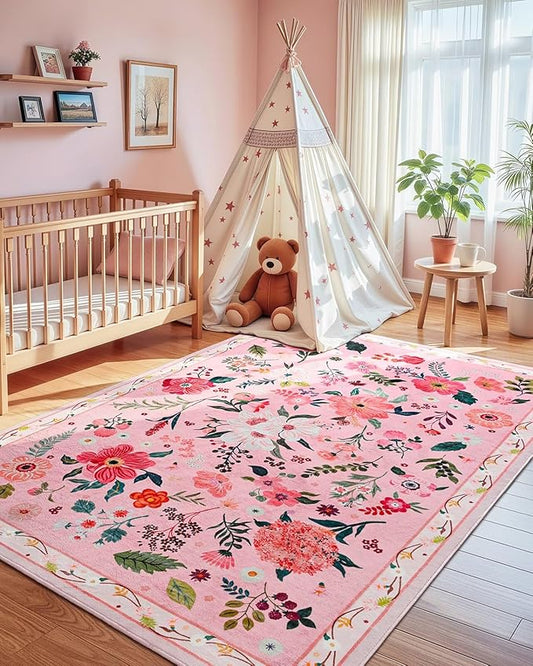 Macgace 6x9 Pink Floral Rug for Living Room, Machine Washable Area Rugs with Non Slip Backingfor Girls Bedroom, Cute Flowers Carpet Kitchen Dining Room Kids Playroom Decor