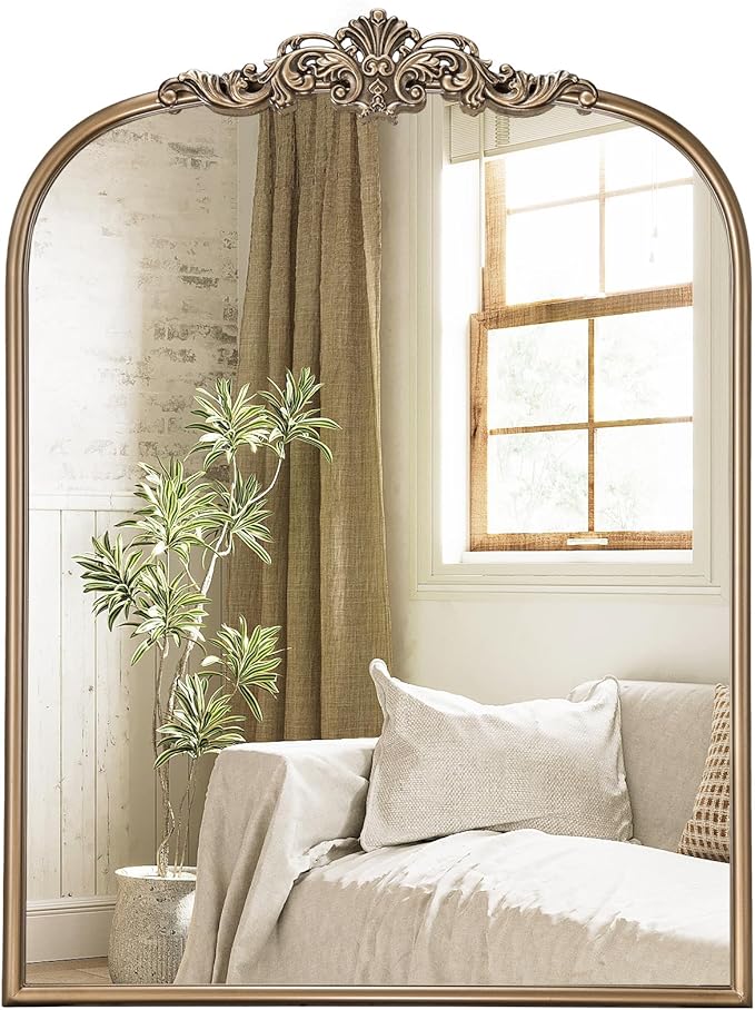 Gold Vintage Mirror, 30” x 40” Arched Gold Antique Mirror for Fireplace Mantel, Arch Baroque Brass Bathroom Mirrors for Wall with Ornate Metal Frame for Entryway, Bedroom, Living Room