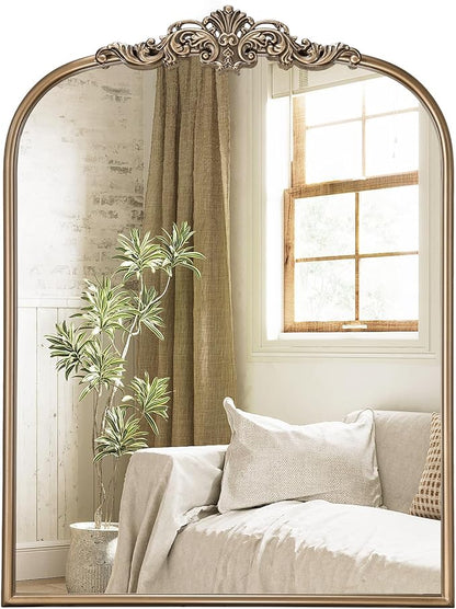 Gold Vintage Mirror, 30” x 40” Arched Gold Antique Mirror for Fireplace Mantel, Arch Baroque Brass Bathroom Mirrors for Wall with Ornate Metal Frame for Entryway, Bedroom, Living Room