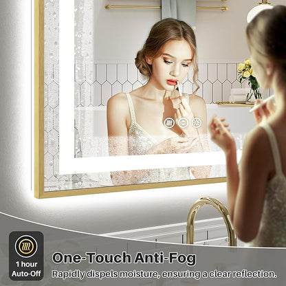 55x36 Inch LED Bathroom Mirror with Gold Frame, Backlit & Front Lit, Anti-Fog Lighted Bathroom Vanity Mirror for Wall, Memory Function, Dimmable, HD Tempered Glass, Shatter-Proof