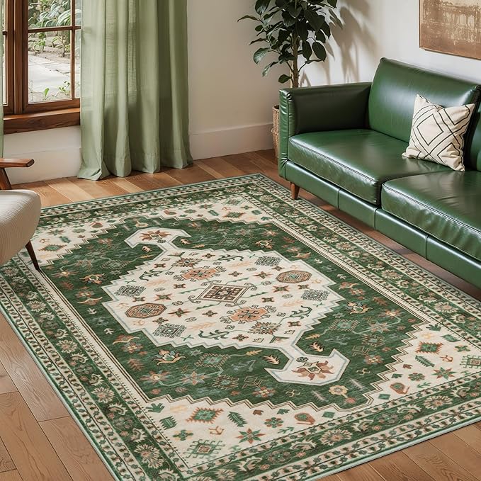 Tangsoo Vintage 3x5 Rug for Bedroom,Non-Slip Washable Indoor Area Rug,Boho Green Beige Low Pile Carpet for Front Porch Living Room Patio Entryway